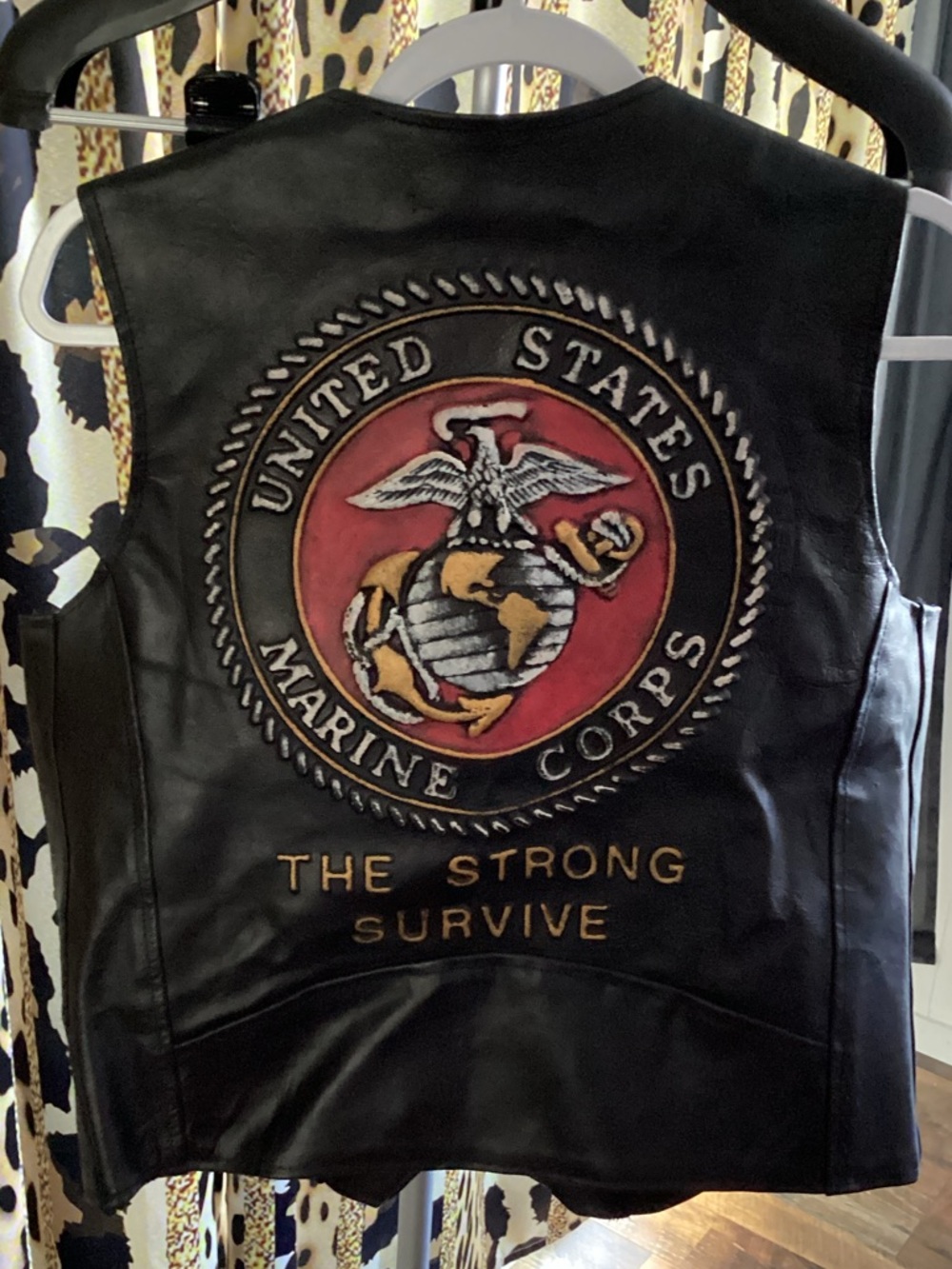 United States Marine Corps Black Leather Vest with  Emblem “The Strong Survive”